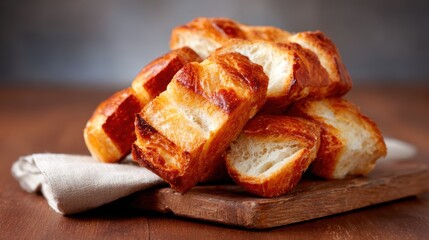 Beautifully baked golden croissants are stacked on a rustic wooden board, showcasing their flaky layers and inviting warmth, perfect for breakfast or afternoon tea.