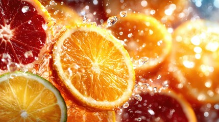 Vibrant citrus slices are being splashed with water, showcasing their juicy appeal and fresh colors, creating an inviting and refreshing atmosphere.