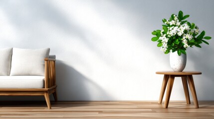 A serene minimalistic living room featuring a stylish sofa and vibrant floral centerpiece that enhances the calming, inviting atmosphere in a contemporary home setting.