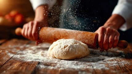 A chef rolls dough amidst a cloud of flour dust on a rustic wooden surface, capturing the essence of home-baked goodness in a kitchen setting that evokes warmth and comfort.