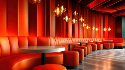 A captivating restaurant interior showcases plush red seating and chic lighting, creating a modern, vibrant atmosphere that draws guests into a memorable dining experience.