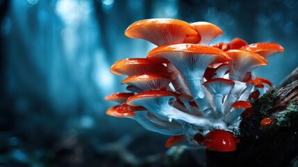 Vibrant orange mushrooms emerge from a dark forest floor, illuminated by soft light, creating a mystical and otherworldly scene that evokes curiosity and wonder in nature.