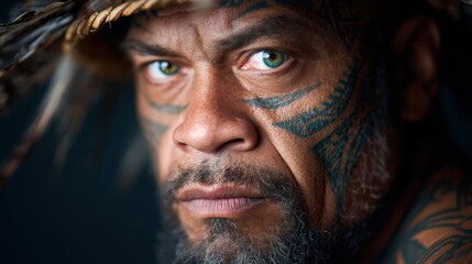 A close-up of a tribal warrior showcasing intricate facial tattoos and a fierce expression, representing tradition, strength, and cultural identity.