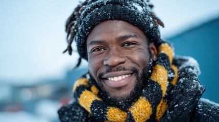 A captivated smiling man wearing a cozy scarf amidst a snowy landscape, embodying joy, warmth, and the beauty of winter excitement.