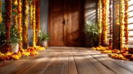 A beautifully arranged area filled with marigold flowers, creating a welcoming atmosphere enriched with culture and tradition, perfect for festivals.