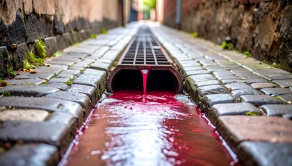 Red Liquid Flowing From Drainage in Alleyway Between Brick Walls