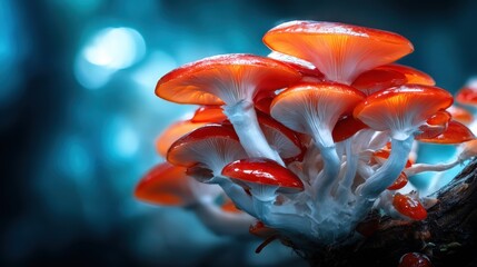 A stunning capture of vibrant red mushrooms growing in a forest setting, illustrating the beauty of nature and the intricate details of fungi in a colorful environment.