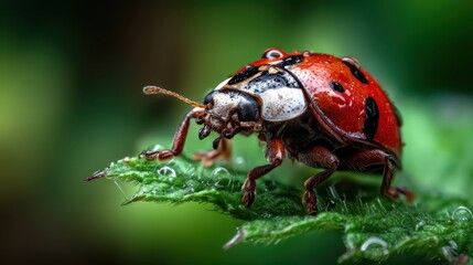 A detailed close-up of a ladybug sitting on a vibrant green leaf, showcasing its striking red color and black spots, representing the beauty of small creatures in nature.