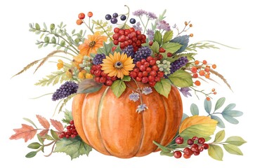 Autumn harvest pumpkin floral arrangement with berries and leaves fall gourd