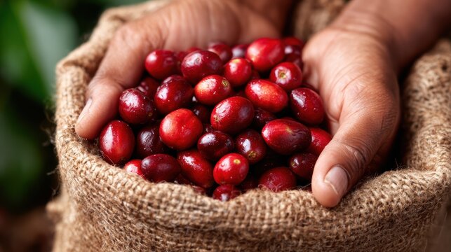 Hands holding vibrant red coffee cherries harvested from the plant, showcasing freshness and abundance while illustrating the connection between nature and cultivation.