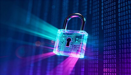 Glowing digital padlock hologram floating in cyberspace, cyber security concept, dark futuristic background with binary code