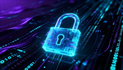 Glowing digital padlock hologram floating in cyberspace, cyber security concept, dark futuristic background with binary code