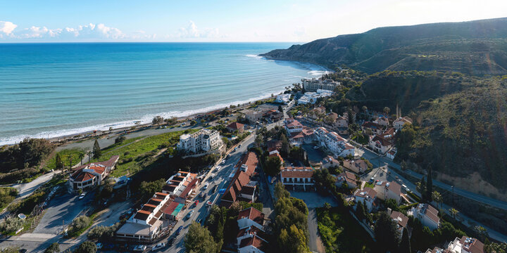 Pissouri village coastline overlooking Mediterranean Sea in Cyprus