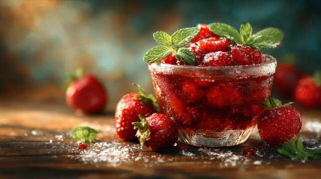 A beautifully arranged bowl of fresh strawberries topped with mint leaves, showcasing their vibrant color and appealing texture, perfect for summer desserts or snacks.