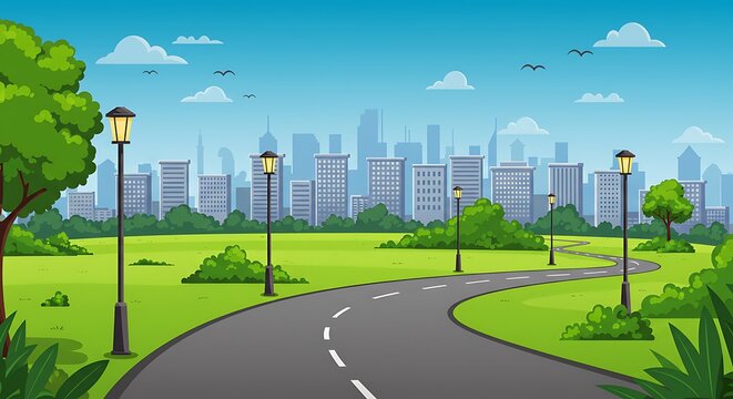 Cartoon illustration of a winding road through a park with city background