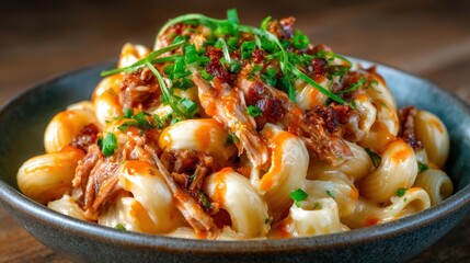 A tantalizing dish of creamy pasta topped with pulled meat and green onions, offering a fusion of flavors that exemplifies modern culinary innovations and comfort dining.
