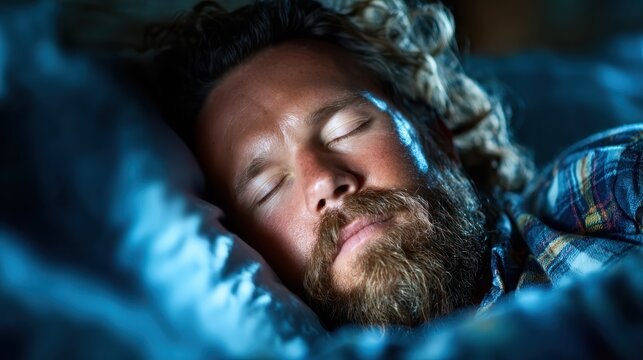 A serene image of a man with curly hair and a beard sleeping peacefully in cozy bedding, showcasing relaxation and tranquility in a warm atmosphere that invites calmness.