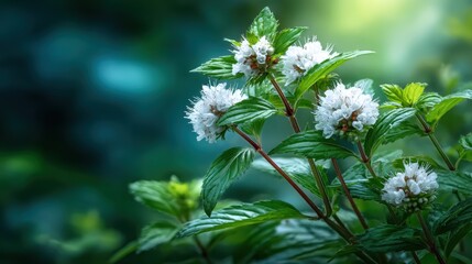 This serene image showcases delicate white flowers blooming amid vibrant green foliage, symbolizing nature's beauty, tranquility, and the peacefulness of a flourishing garden landscape.
