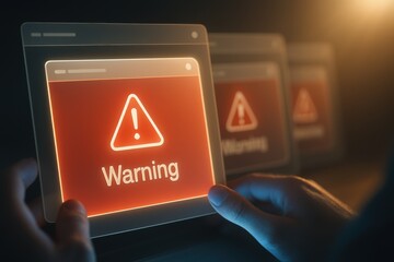 Hands holding glowing warning window with red alert symbol representing digital risk, danger and system error notification
