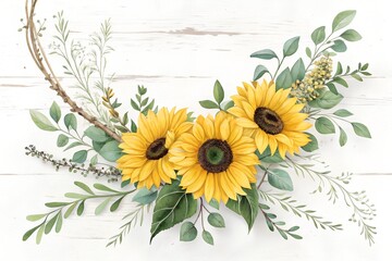 Sunflower and Greenery Wreath on White Wood Background stock decora