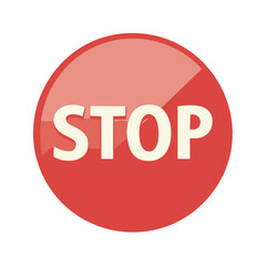 A round red stop sign with white letters indicating halting on white