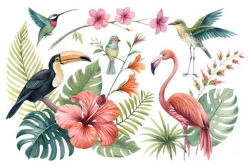 Tropical Birds and Flowers Illustration stock photo