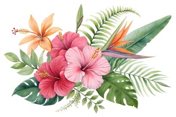 Vibrant Tropical Floral Bouquet with Hibiscus and Bird of Paradise flowers orange