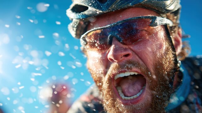 This energetic image highlights a bearded cyclist passionately riding with a fierce expression, symbolizing the determination, intensity, and excitement of competitive cycling against a blue sky.