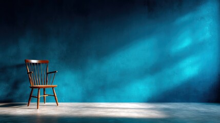 An evocative image depicting a solitary wooden chair in a softly lit blue room, symbolizing contemplation and solitude, inviting thoughts and reflections.