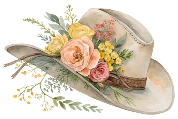 Watercolor cowboy hat adorned with a vibrant floral arrangement and leather tie 