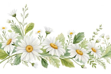 Watercolor Daisy Border with Green Leaves and Stems 