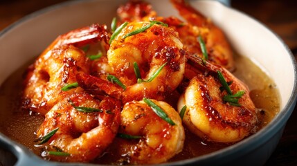 This mouthwatering image features perfectly glazed shrimp arranged thoughtfully in a dish, ideal for food lovers and culinary enthusiasts seeking delicious visual appeal.
