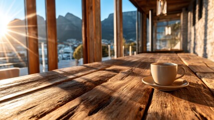 A serene image showcasing a warm cup of coffee on a rustic wooden table with breathtaking mountain views, inviting relaxation and contemplation in nature's beauty.