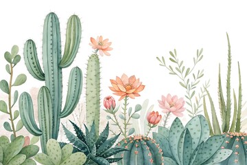 Watercolor Desert Landscape with Cacti and Succulents and Orange Flowers stock photo