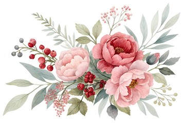 Watercolor floral arrangement with pink and red peonies and red berries 