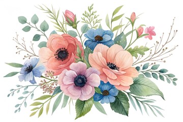 Watercolor Floral Arrangement of Anemones and Greenery on White Background flower