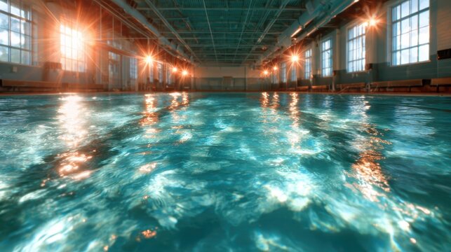 The shimmering water of an indoor swimming pool is illuminated by soft lighting, creating a tranquil and inviting atmosphere for relaxation and recreation.