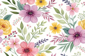 Watercolor Floral Pattern with Pink Purple and Yellow Flowers and Green Leaves stock photo