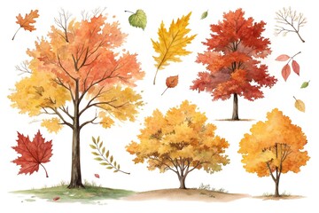 Watercolor illustration of autumn trees and falling leaves in warm colors image photo