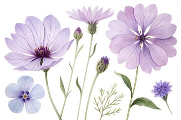 Watercolor illustration of delicate purple and blue flowers and leaves floral botanical