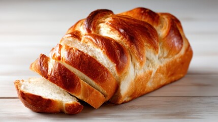 A beautifully baked loaf of bread, sliced and presented on a rustic wooden surface, showcasing its golden crust and soft, fluffy interior, perfect for various meals.