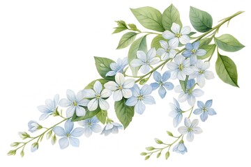Watercolor light blue flowers on a branch with green leaves floral blossom