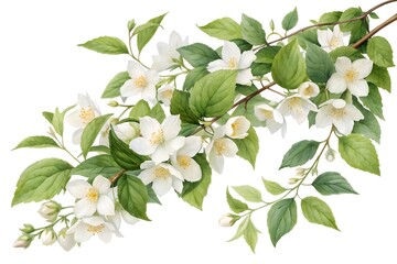 Watercolor jasmine branch with white flowers and green leaves on white background image photo