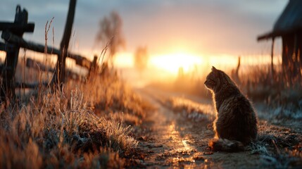 A charming silhouette of a cat sitting peacefully as the sun rises, creating a serene atmosphere that evokes feelings of tranquility and quiet reflection in nature.
