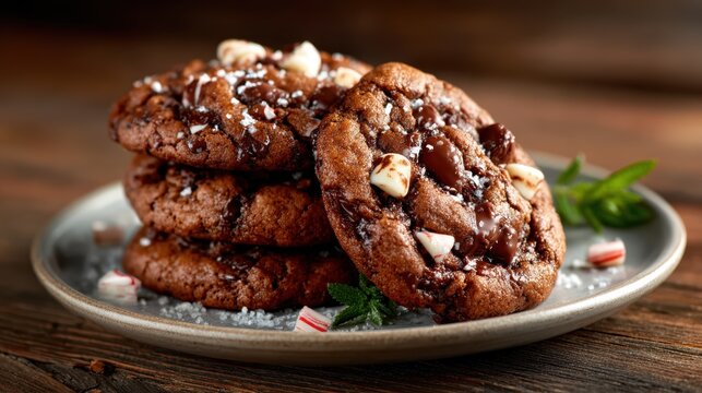 A tempting stack of rich chocolate cookies topped with festive peppermint pieces, ideal for holiday gatherings, home baking recipes, and satisfying sweet cravings.