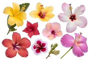 Assortment of Vibrant Hibiscus Flowers in Various Colors and Sizes floral tropical