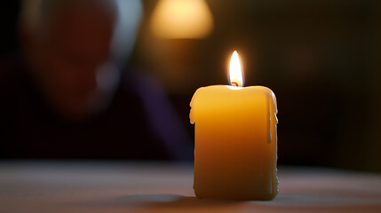 A softly glowing candle casting warm light in a dimly lit room, evoking feelings of peace and tranquility, casting a soothing and reflective ambiance.