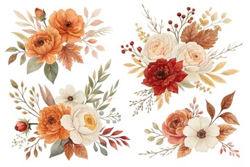 Autumn floral arrangements with orange and red flowers and leaves fall watercolor