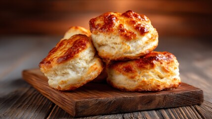 This appetizing image features a batch of golden-brown biscuits stacked on a wooden board, showcasing their fluffy texture and inviting appearance for food enthusiasts and chefs.