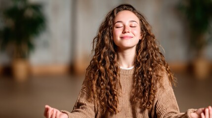 This serene image captures a young woman meditating with her eyes closed in a cozy indoor setting, embodying tranquility, mindfulness, and the importance of self-care in daily life.